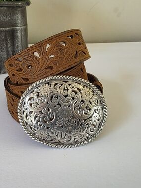 Tony Lama Tooled Leather Western Belt Removable Buckle Size 36